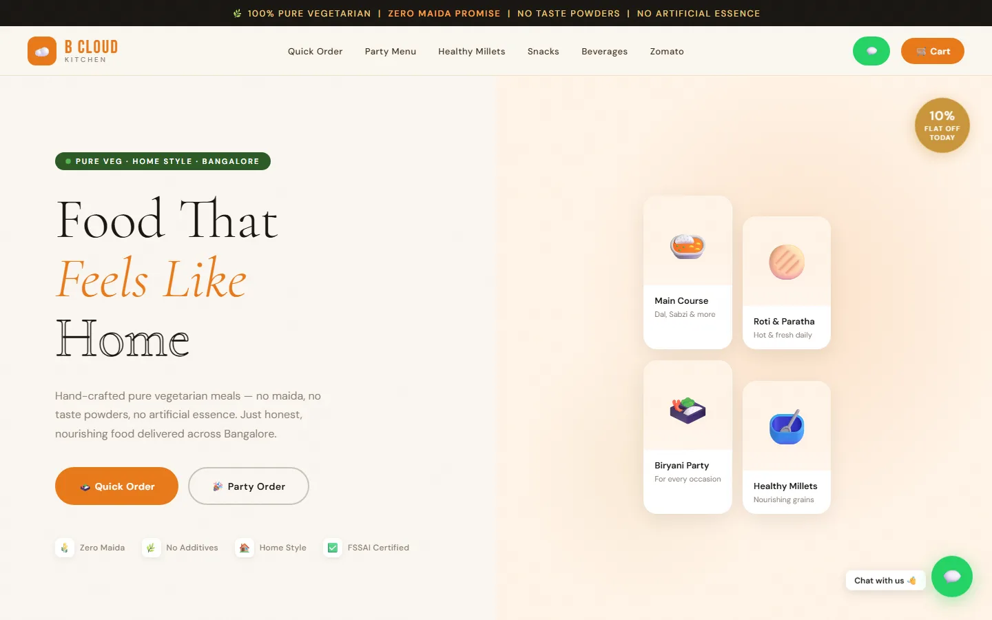Homepage of the B Cloud Kitchen concept site, a light cream layout with a serif headline and menu category cards.