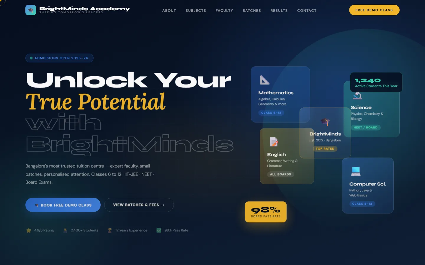 Homepage of the BrightMinds Academy concept site, a dark navy layout with a large headline and subject cards.